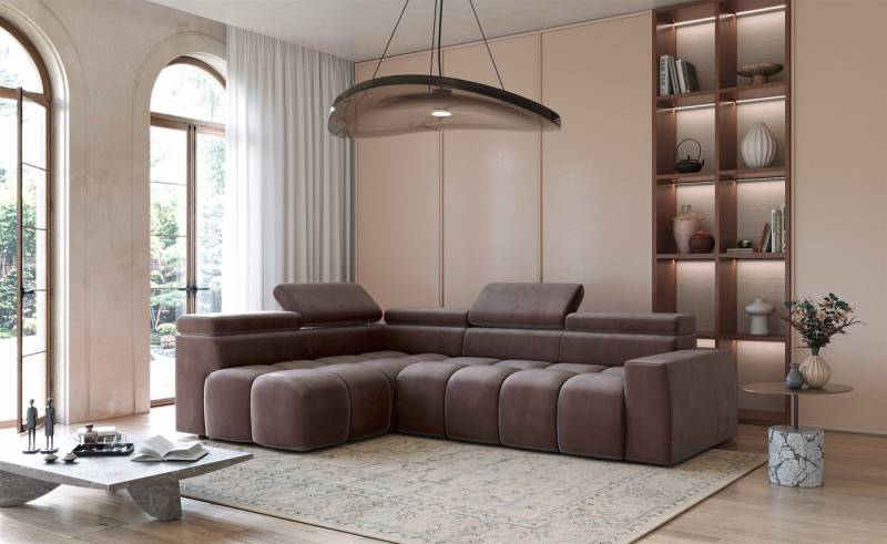 Fun Möbel Ecksofa Sofa Designersofa DARCY in Stoff Salvador, Ottomane Rechts oder Links, Einstellbare Kopfstützen (x5) von Fun Möbel