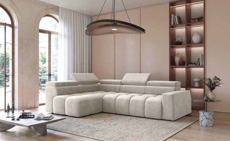 Fun Möbel Ecksofa Sofa Designersofa DARCY in Stoff Salvador, Ottomane Rechts oder Links, Einstellbare Kopfstützen (x5) von Fun Möbel