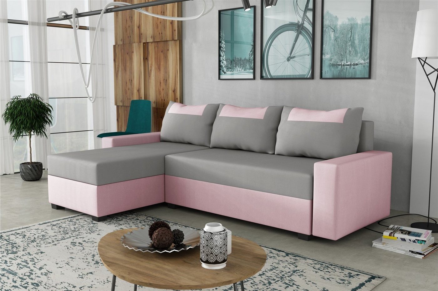 Fun Möbel Ecksofa Sofa HEDVIG LUX Ottomane Rechts oder Links, Rundumbezug, inkl. Schlaffunktion mit 2 Bettkästen, inkl. 3 Rückenkissen von Fun Möbel