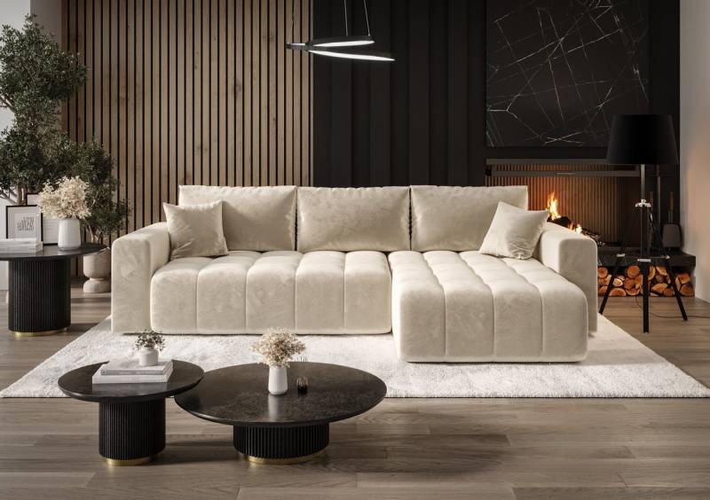 Fun Möbel Ecksofa Sofa Schlafsofa CAMILA in Stoff Monolith, Sofa-Rücken echt bezogen, inkl. 2 x Zierkissen und Bettkasten von Fun Möbel