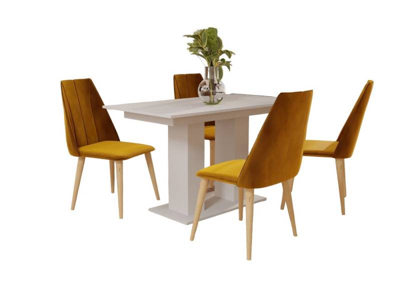 Fun Möbel Essgruppe Essgruppe CAROS mit 4 Stühlen und Tisch DANTE Weiß matt, (5-tlg), ausziehbarer Tisch von Fun Möbel