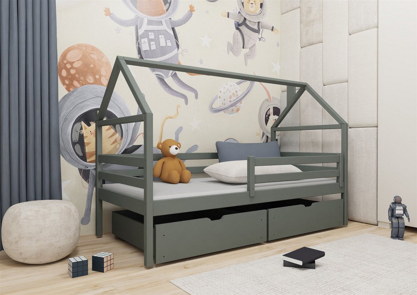 Fun Möbel Hausbett Kinderbett ARIANA (in acht Größen und vier Farben), Inkl. Rollrost Rausfallschutz und 2 Schubkasten von Fun Möbel