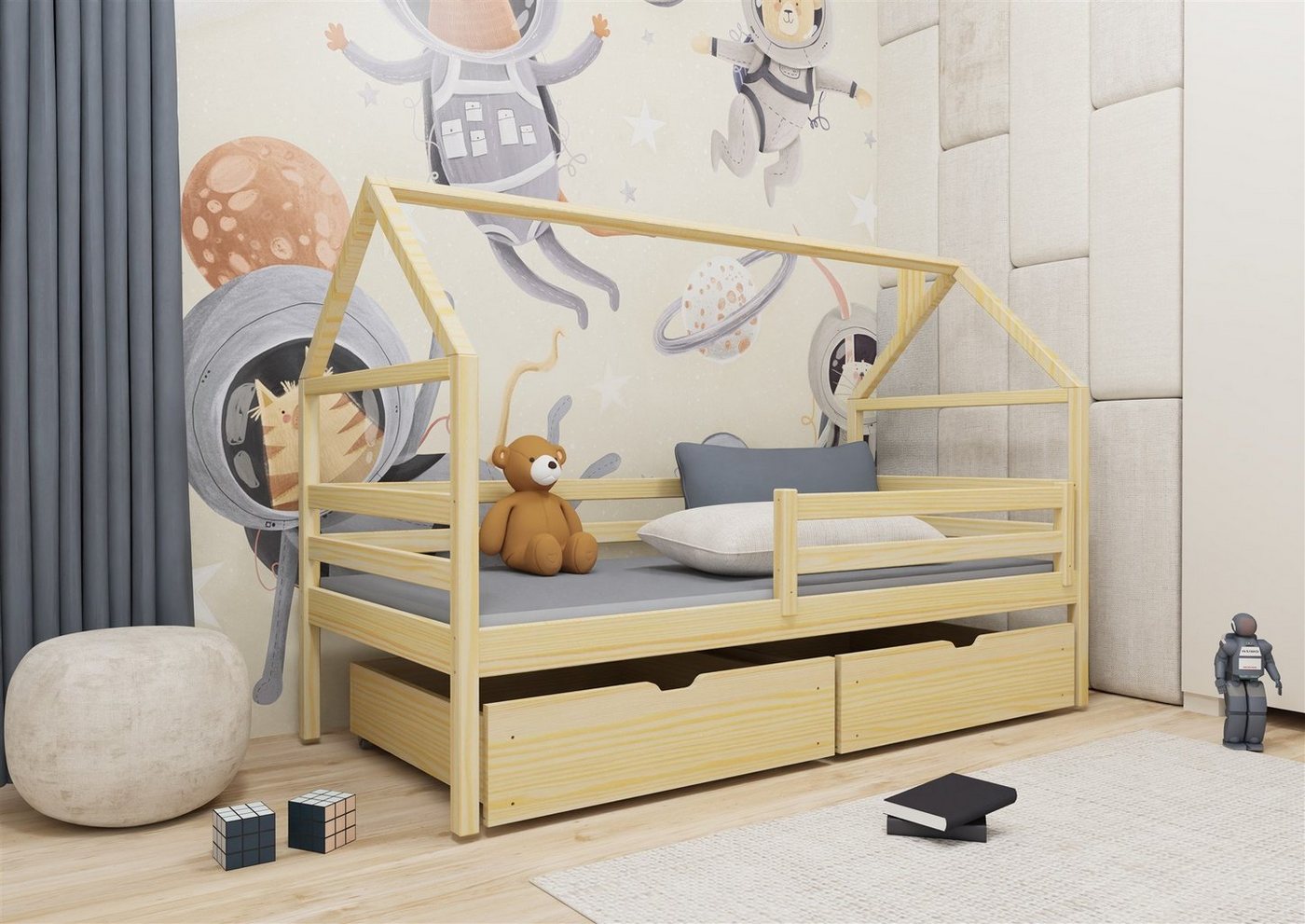 Fun Möbel Hausbett Kinderbett ARIANA (in vier Farben, inkl. Rausfallschutz), Inkl. Rollrost und 2 Schubkästen von Fun Möbel