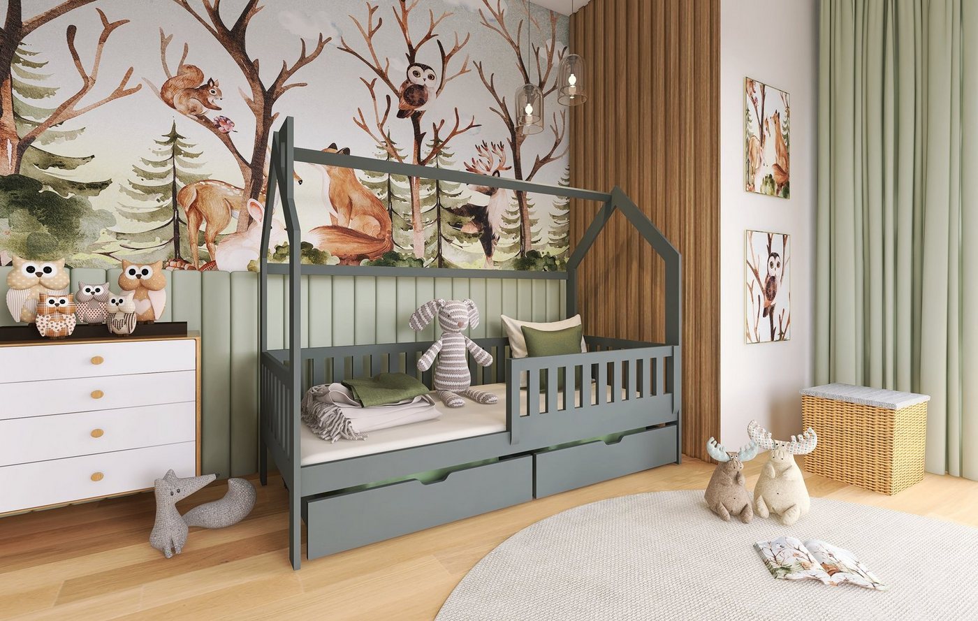 Fun Möbel Hausbett Kinderbett NEILA (in vier Farben, inkl. Rausfallschutz), Inkl. Rollrost und 2 Schubkästen von Fun Möbel