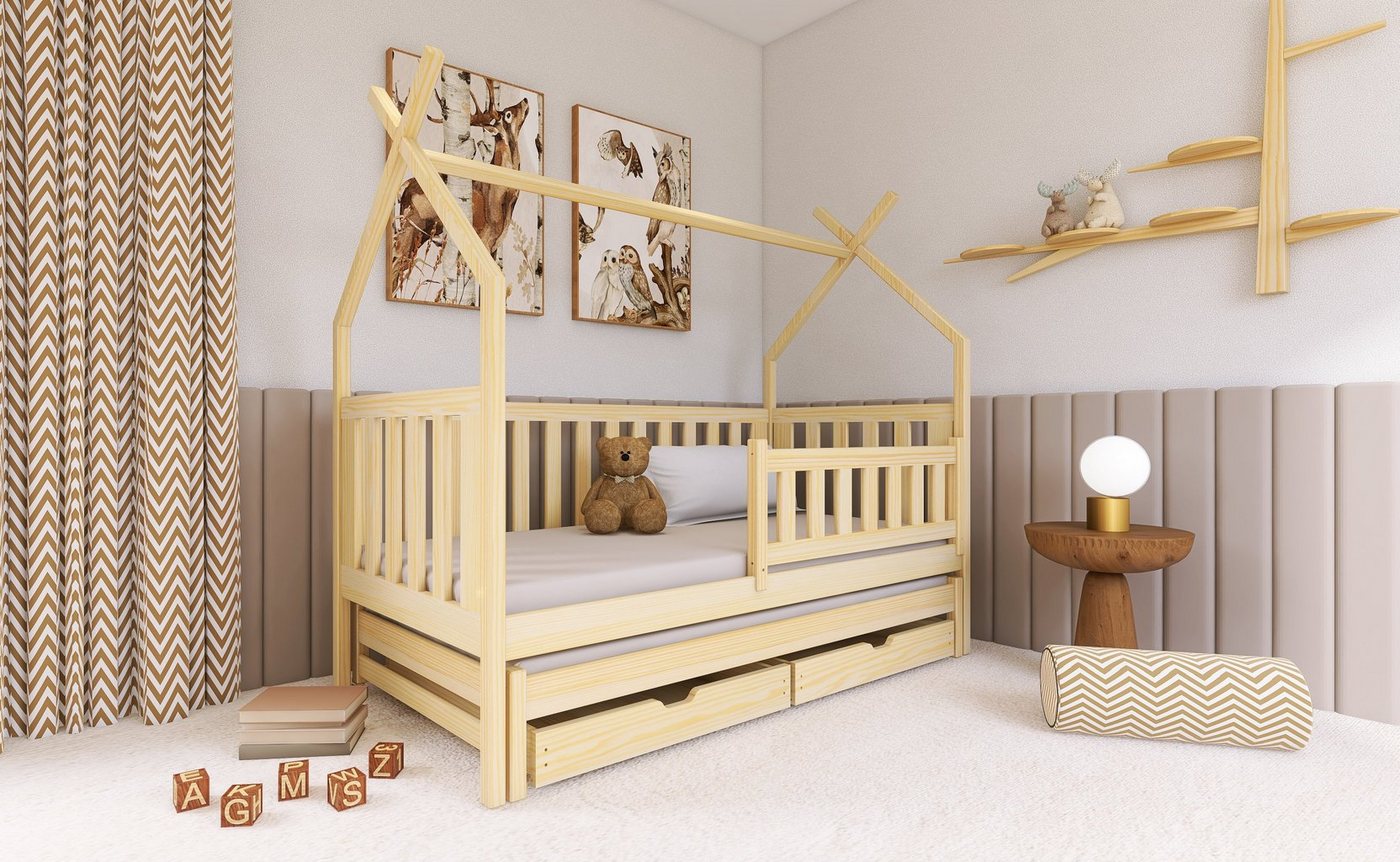 Fun Möbel Hausbett Kinderbett POPPY (200x90cm, inkl. Rausfallschutz), Inkl. Zusatzbett, 2 x Rollrost und 2 x Schubkasten von Fun Möbel
