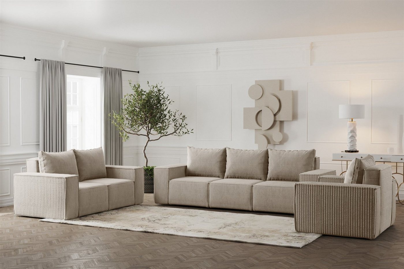 Fun Möbel Polstergarnitur Sofa-Set Designersofa ESTELLE 3-2-1 Sofagarnitur mit Schlaffunktion, (Rücken echt bezogen), mit Schlaffunktion und Bettkasten von Fun Möbel