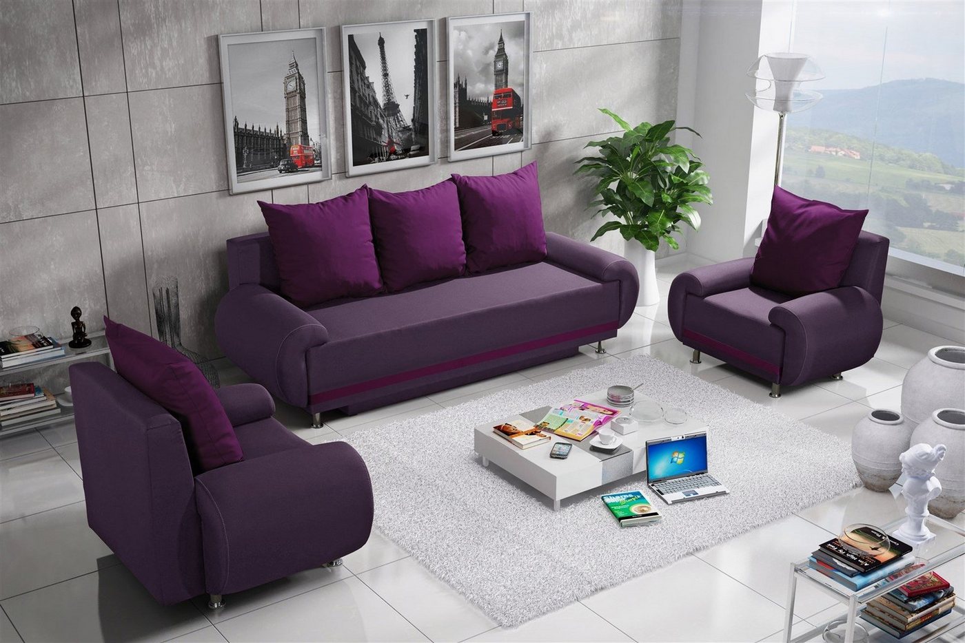 Fun Möbel Polstergarnitur Sofaset Designersofa MIKA 3-1-1 in Stoff, (inkl. 5 Rückenkissen, 3-tlg), Schlaffunktion und Bettkasten beim 3-Sitzer von Fun Möbel