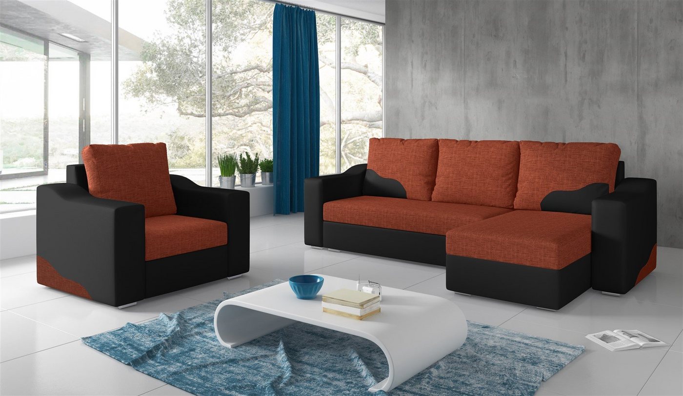 Fun Möbel Polstergarnitur Sofaset Ecksofa COLLIN mit Ottomane plus Sessel, (Set, 2-tlg., inkl. 4 Rückenkissen), Rundumbezug von Fun Möbel