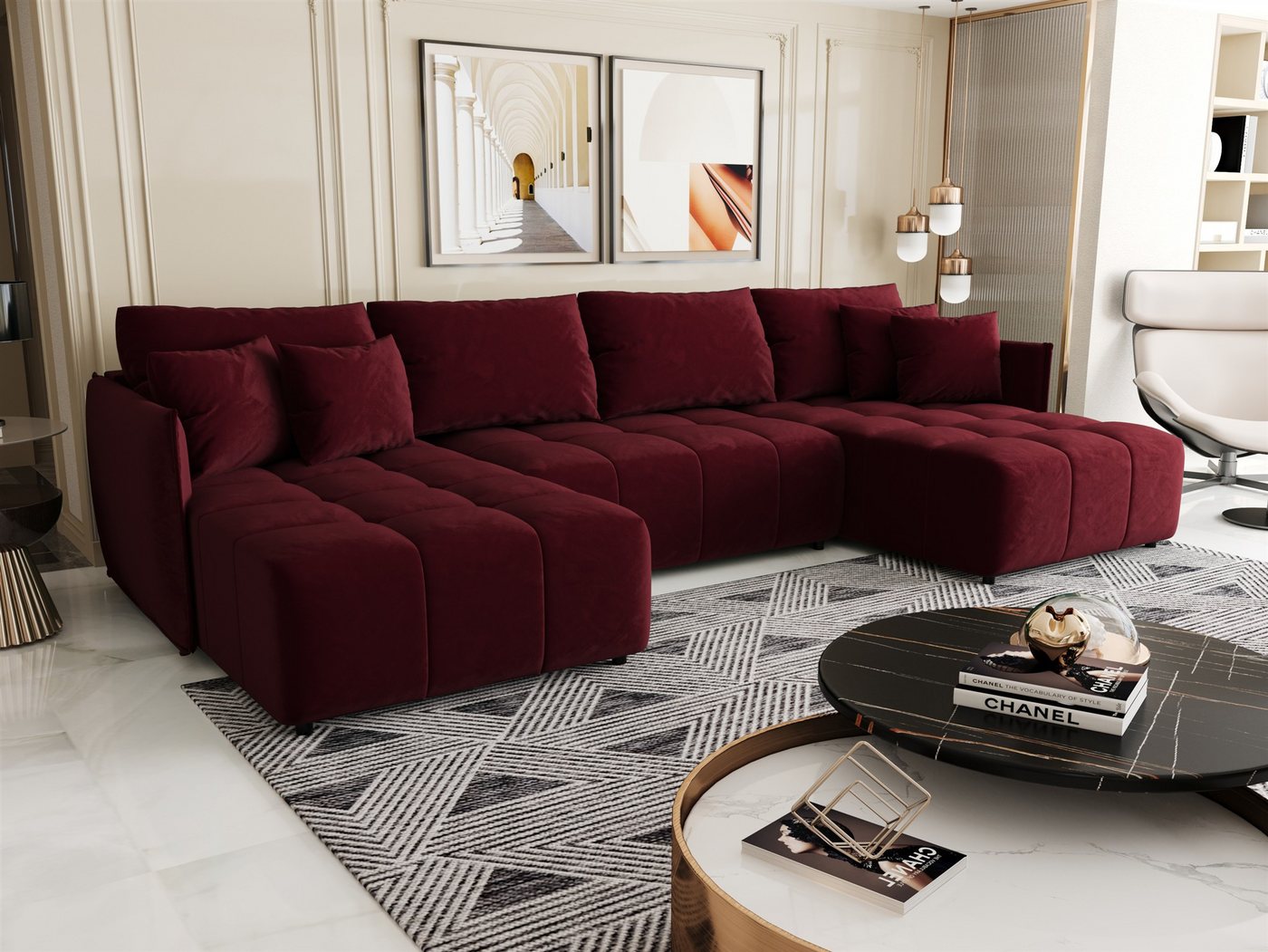 Fun Möbel Wohnlandschaft Sofa TREVISO in U-Form mit Schlaffunktion in Stoff Monolith, Rücken echt bezogen von Fun Möbel