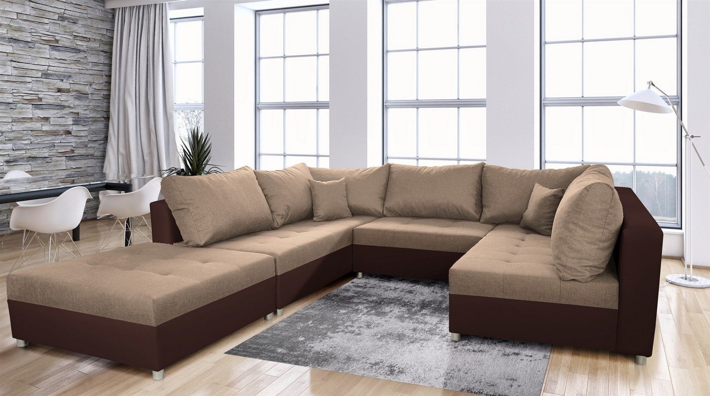 Fun Möbel Wohnlandschaft Sofa U-Form ANDRO, Inkl. Schlaffunktion, Bettkasten und Hocker, in drei verschiedenen Stoffen, Inkl. 2 Zierkissen und 7 Rückenkissen von Fun Möbel