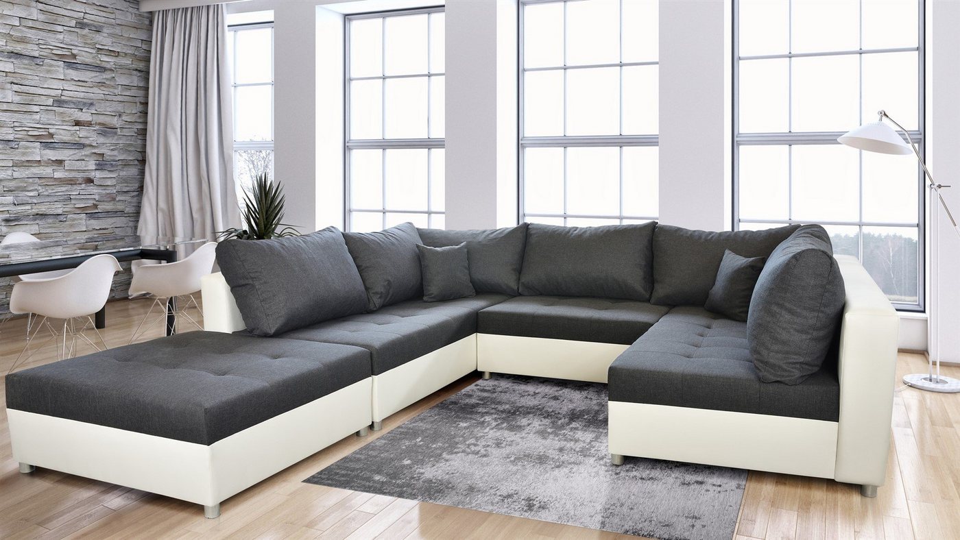 Fun Möbel Wohnlandschaft Sofa U-Form ANDRO, Inkl. Schlaffunktion, Bettkasten und Hocker, in drei verschiedenen Stoffen, Inkl. 2 Zierkissen und 7 Rückenkissen von Fun Möbel