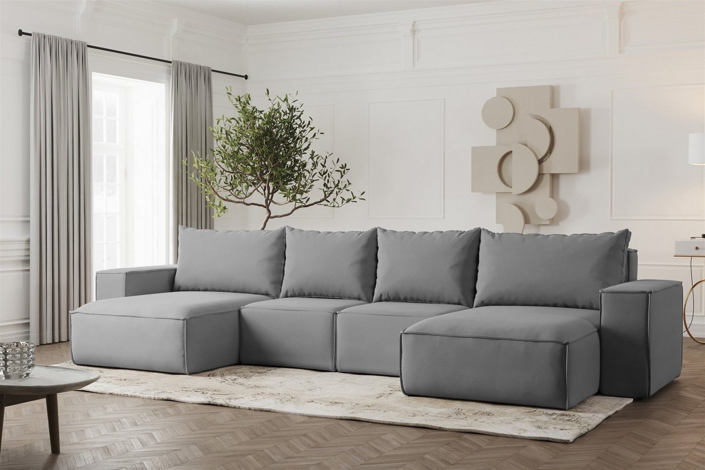 Fun Möbel Wohnlandschaft Sofa U-Form ESTELLE mit Schlaffunktion in Stoff, inkl. Bettkasten, Rücken echt bezogen von Fun Möbel
