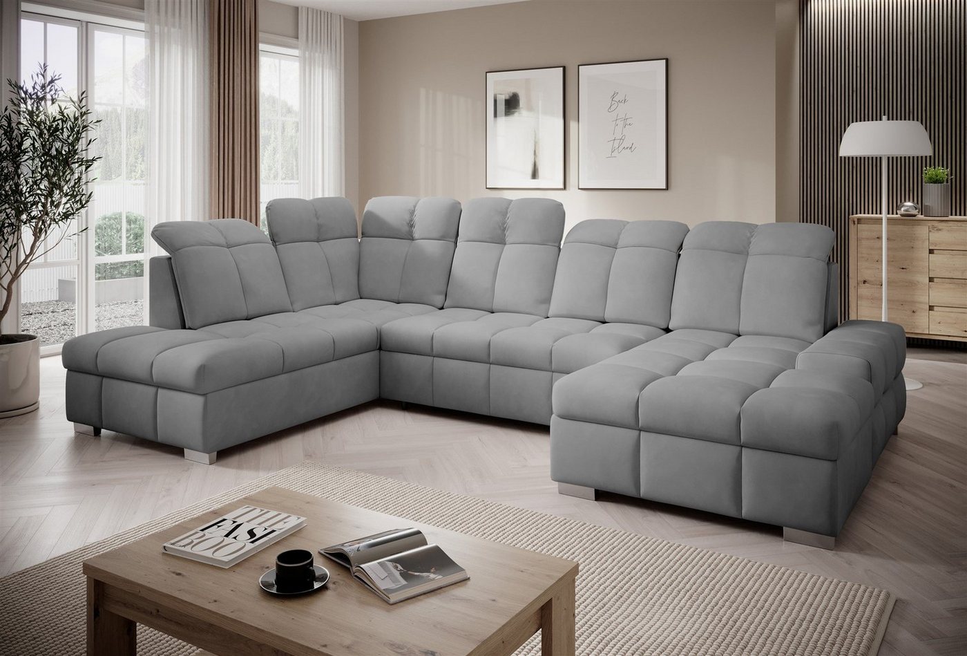 Fun Möbel Wohnlandschaft Sofa U-Form TEMPE mit Schlaffunktion, verstellbare Kopfstützen, 2 Bettkästen, Rundumbezug von Fun Möbel