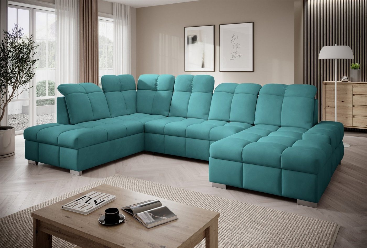 Fun Möbel Wohnlandschaft Sofa U-Form TEMPE mit Schlaffunktion, verstellbare Kopfstützen, 2 Bettkästen, Rundumbezug von Fun Möbel