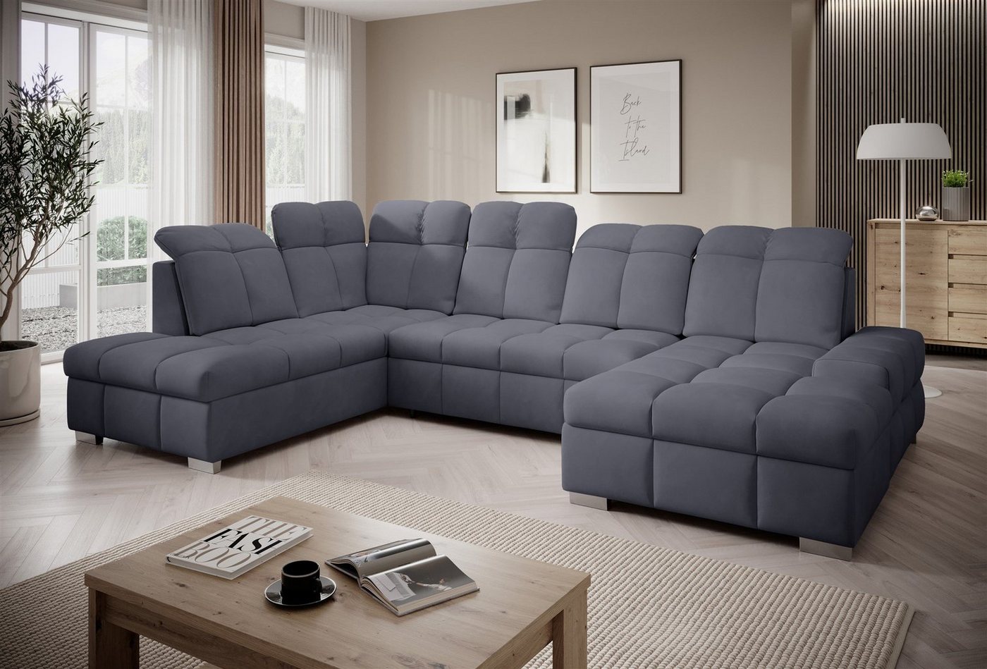 Fun Möbel Wohnlandschaft Sofa U-Form TEMPE mit Schlaffunktion, verstellbare Kopfstützen, 2 Bettkästen, Rundumbezug von Fun Möbel