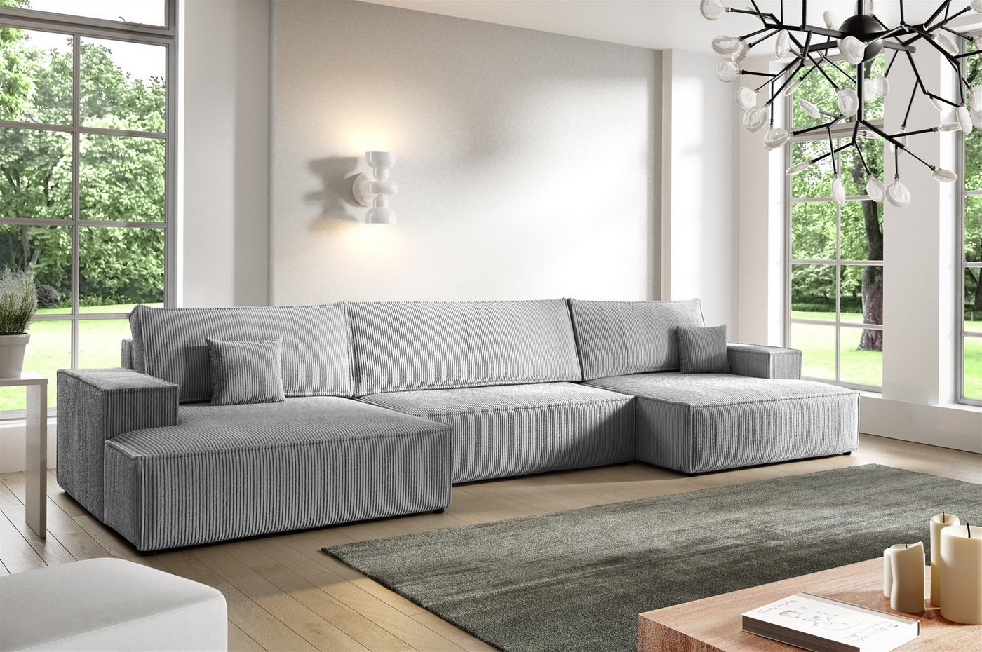 Fun Möbel Wohnlandschaft Sofa in U-Form mit Schlaffunktion CORUNIA Stoff Poso, inkl. Bettkasten, Rücken echt bezogen von Fun Möbel