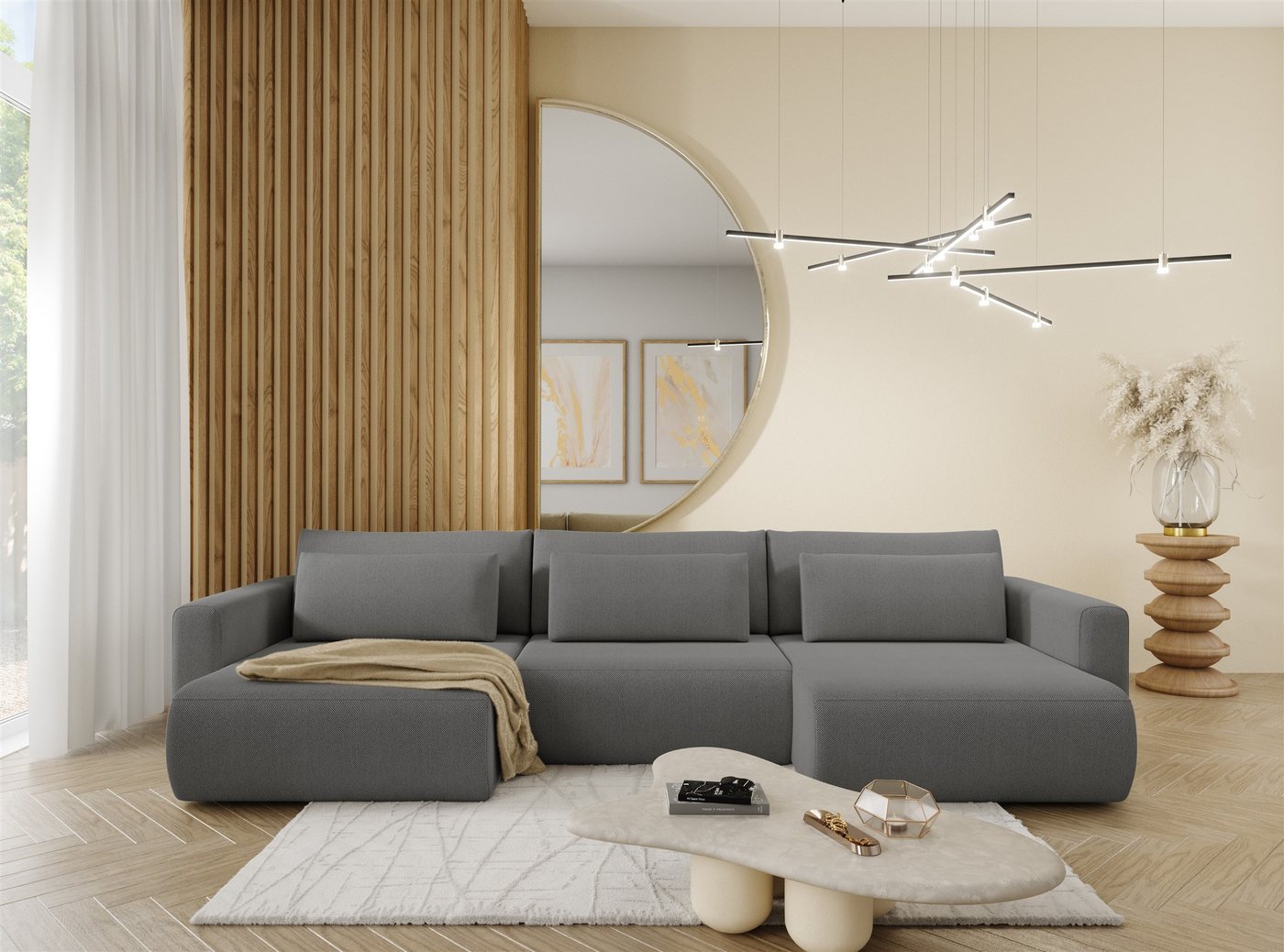 Fun Möbel Wohnlandschaft Sofa mit Schlaffunktion CHAIRA Stoff Curio, in U-Form, Rücken echt bezogen von Fun Möbel