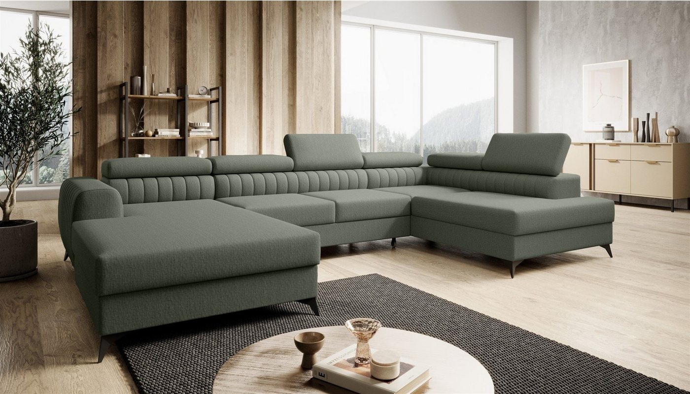 Fun Möbel Wohnlandschaft U-Form Schlafsofa FARGO Stoff Vogue Ottomane Rechts oder Links, einstellbare Kopfstützen, inkl. 2 Bettkästen, frei im Raum stellbar von Fun Möbel