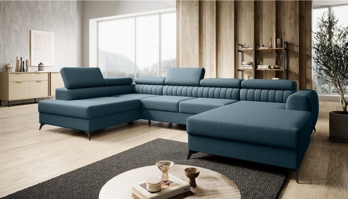 Fun Möbel Wohnlandschaft U-Form Schlafsofa FARGO Stoff Vogue Ottomane Rechts oder Links, einstellbare Kopfstützen, inkl. 2 Bettkästen, frei im Raum stellbar von Fun Möbel