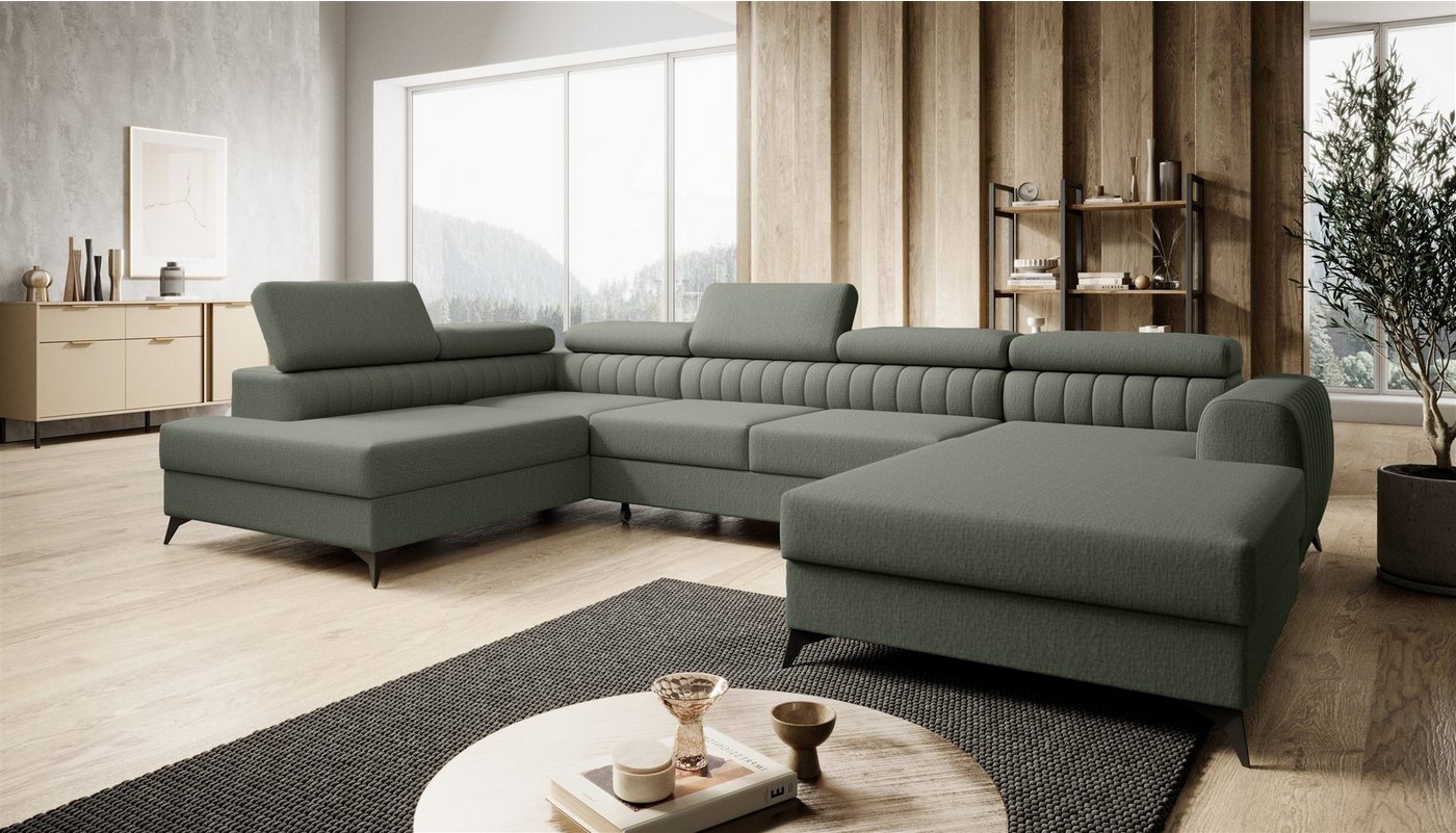 Fun Möbel Wohnlandschaft U-Form Schlafsofa FARGO Stoff Vogue Ottomane Rechts oder Links, einstellbare Kopfstützen, inkl. 2 Bettkästen, frei im Raum stellbar von Fun Möbel