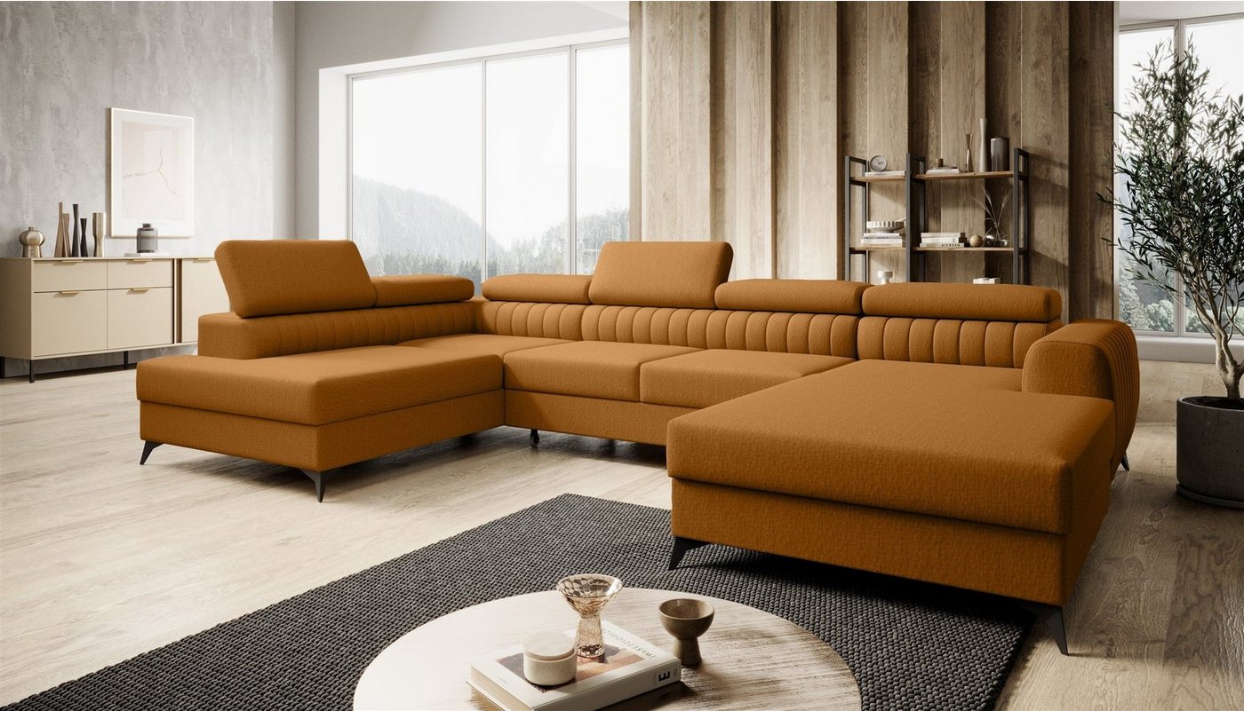 Fun Möbel Wohnlandschaft U-Form Schlafsofa FARGO Stoff Vogue Ottomane Rechts oder Links, einstellbare Kopfstützen, inkl. 2 Bettkästen, frei im Raum stellbar von Fun Möbel