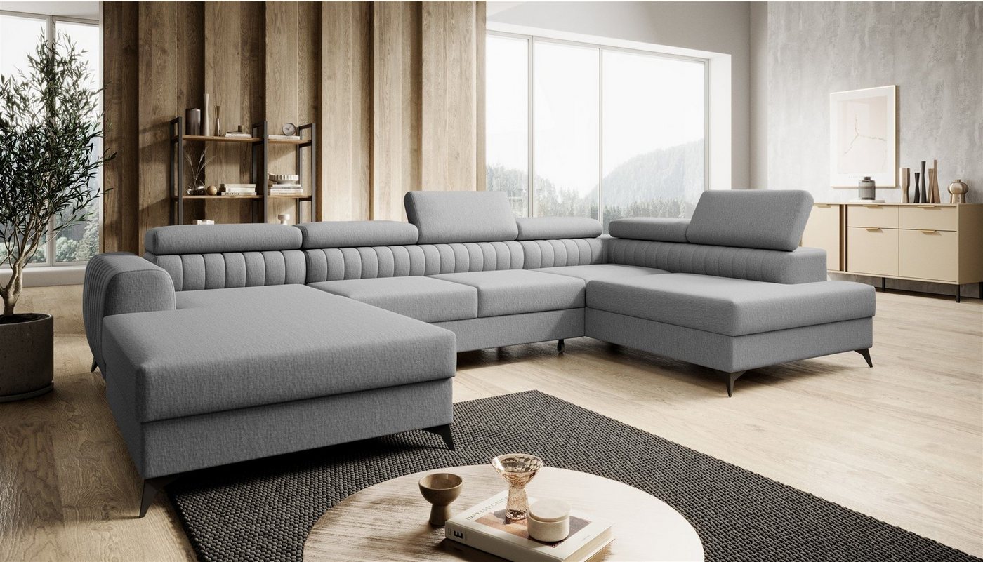 Fun Möbel Wohnlandschaft U-Form Schlafsofa FARGO Stoff Vogue Ottomane Rechts oder Links, einstellbare Kopfstützen, inkl. 2 Bettkästen, frei im Raum stellbar von Fun Möbel