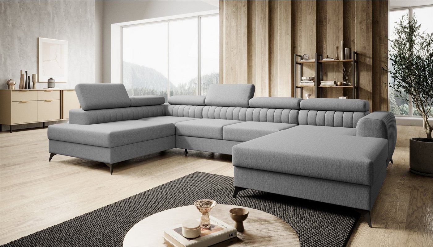 Fun Möbel Wohnlandschaft U-Form Schlafsofa FARGO Stoff Vogue Ottomane Rechts oder Links, einstellbare Kopfstützen, inkl. 2 Bettkästen, frei im Raum stellbar von Fun Möbel