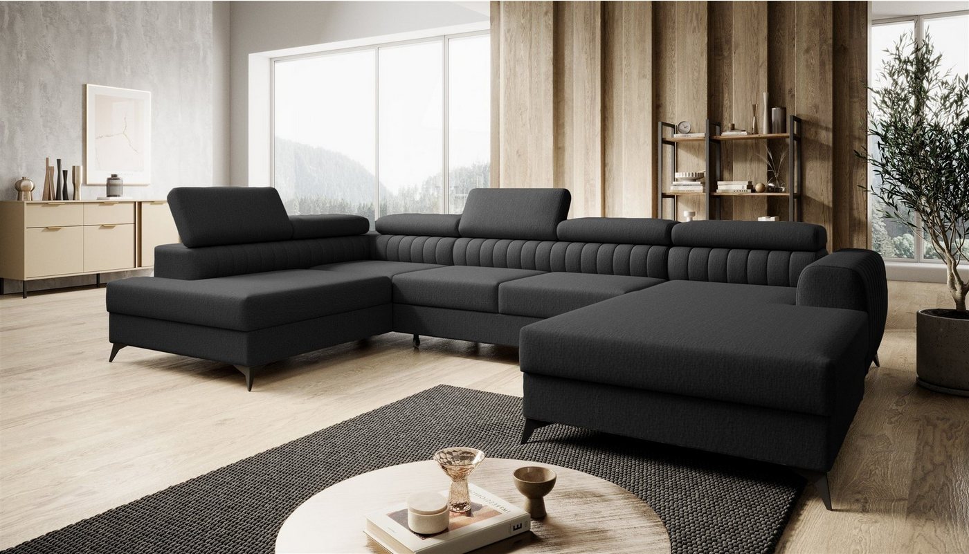 Fun Möbel Wohnlandschaft U-Form Schlafsofa FARGO Stoff Vogue Ottomane Rechts oder Links, einstellbare Kopfstützen, inkl. 2 Bettkästen, frei im Raum stellbar von Fun Möbel