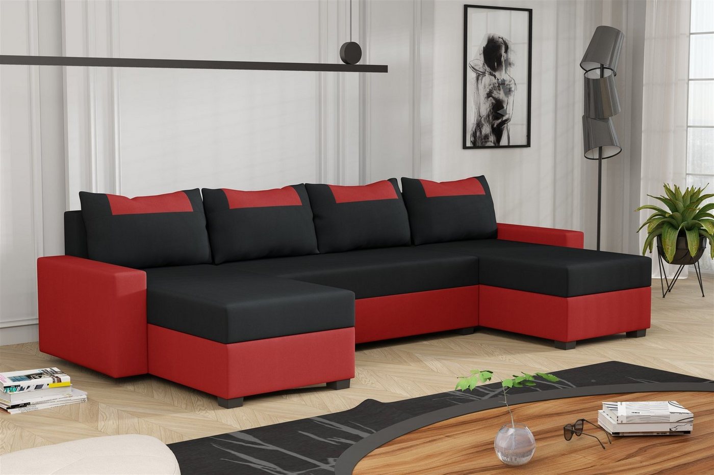 Fun Möbel Wohnlandschaft Wohnlandschaft Sofa HEDVIG, Rundumbezug, mit Schlaffunktion inkl. 1 Bettkasten, inkl. 4 Rückenkissen von Fun Möbel