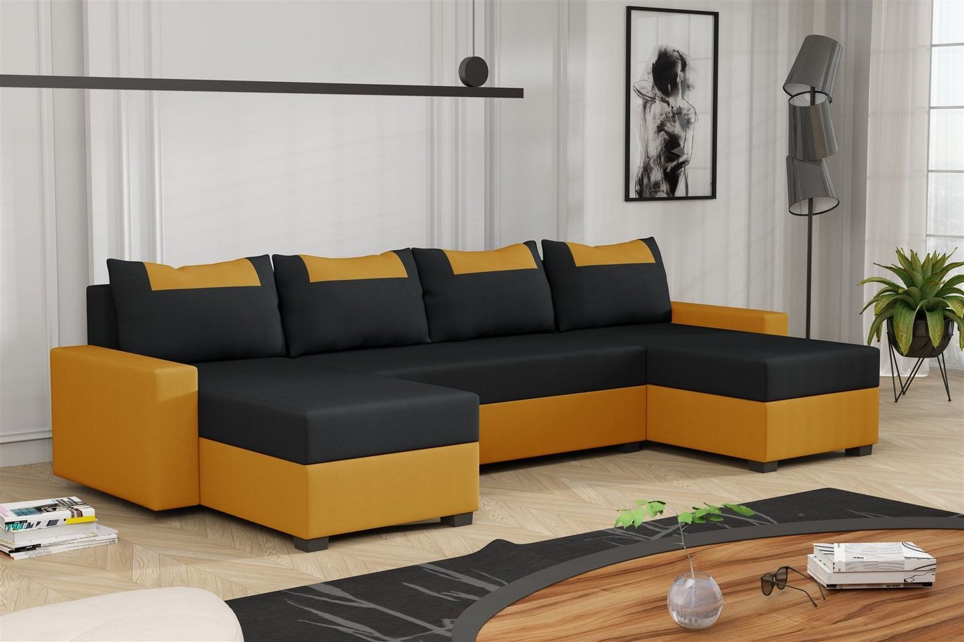 Fun Möbel Wohnlandschaft Wohnlandschaft Sofa HEDVIG, Rundumbezug, mit Schlaffunktion inkl. 1 Bettkasten, inkl. 4 Rückenkissen von Fun Möbel