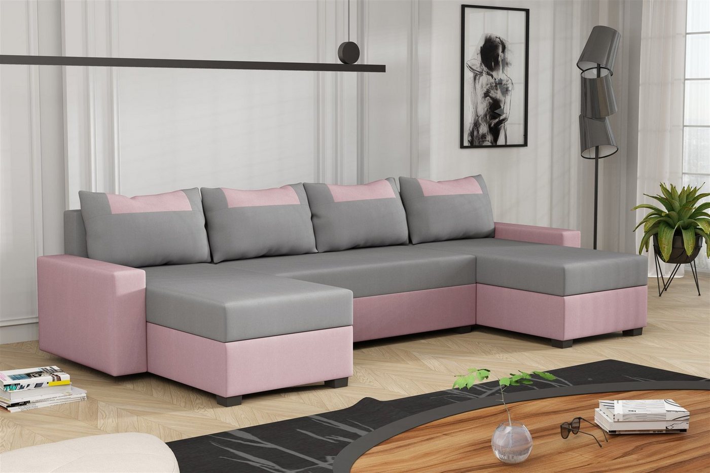 Fun Möbel Wohnlandschaft Wohnlandschaft Sofa HEDVIG, Rundumbezug, mit Schlaffunktion inkl. 1 Bettkasten, inkl. 4 Rückenkissen von Fun Möbel