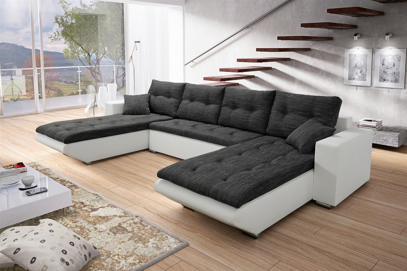 Fun Möbel Wohnlandschaft Wohnlandschaft Sofa NINO XL mit Schlaffunktion, inkl. Zierkissen und Rückenkissen, Mit Bettkasten von Fun Möbel