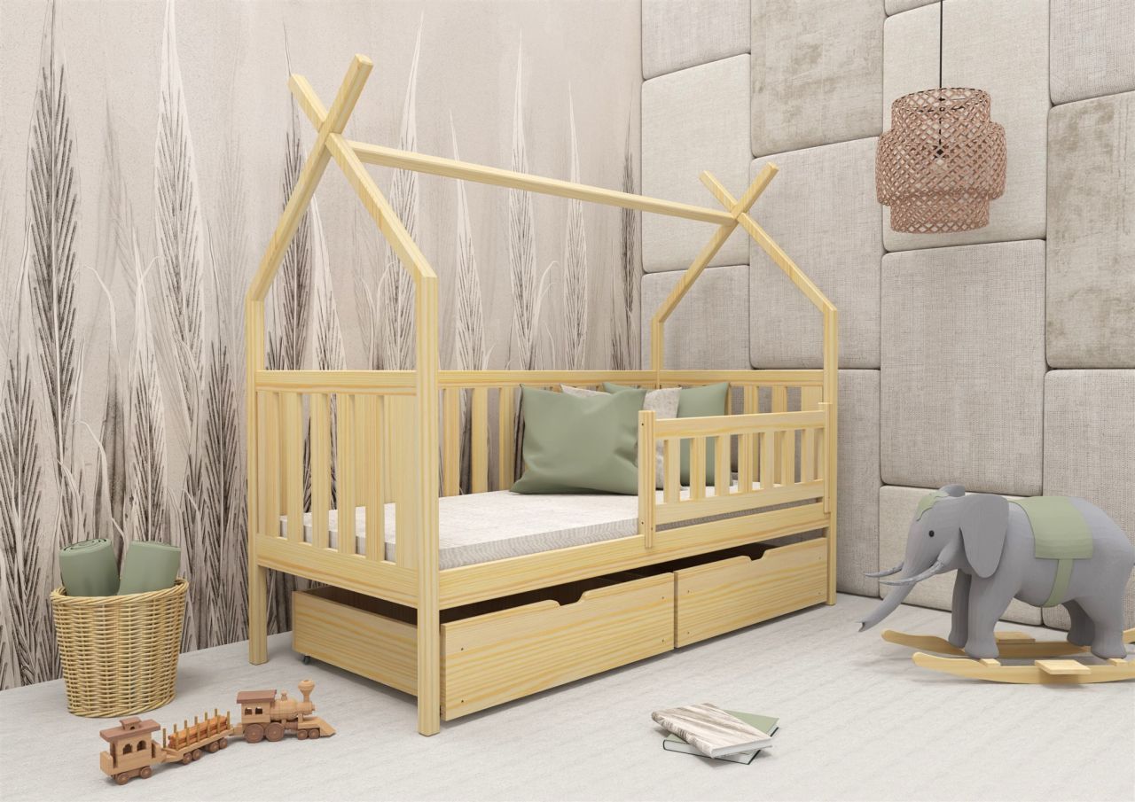 Hausbett Kinderbett DARLIN 200x90cm Kiefer Massiv Natur inkl. Rollrost von Fun Möbel