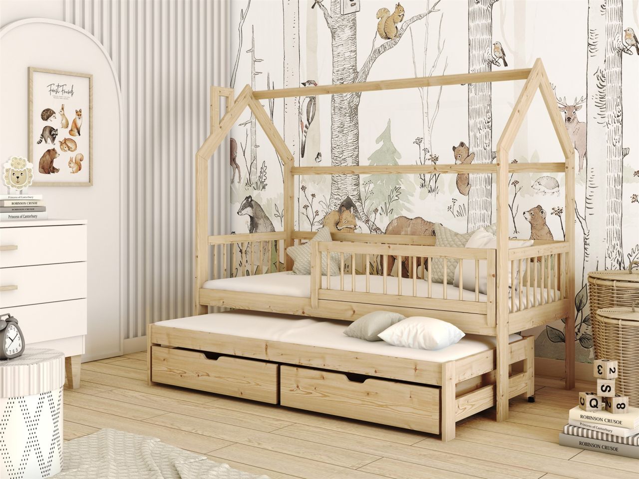 Hausbett Kinderbett PERLE 200x90cm Kiefer Massiv Natur inkl. Zusatzbett von Fun Möbel