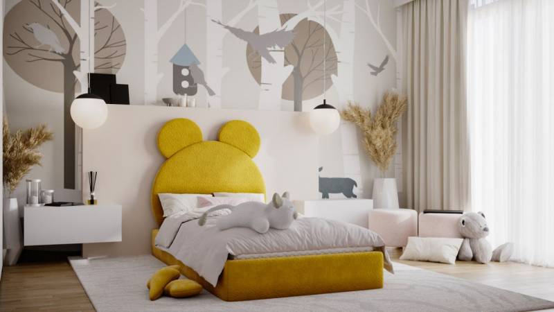 Kinderbett Polsterbett Bett BÄRCHEN 90x200cm Stoff Bukla Gelb inkl. Matratze von Fun Möbel