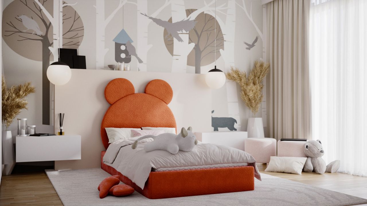 Kinderbett Polsterbett Bett BÄRCHEN 90x200cm Stoff Bukla Orange ohne Matratze von Fun Möbel