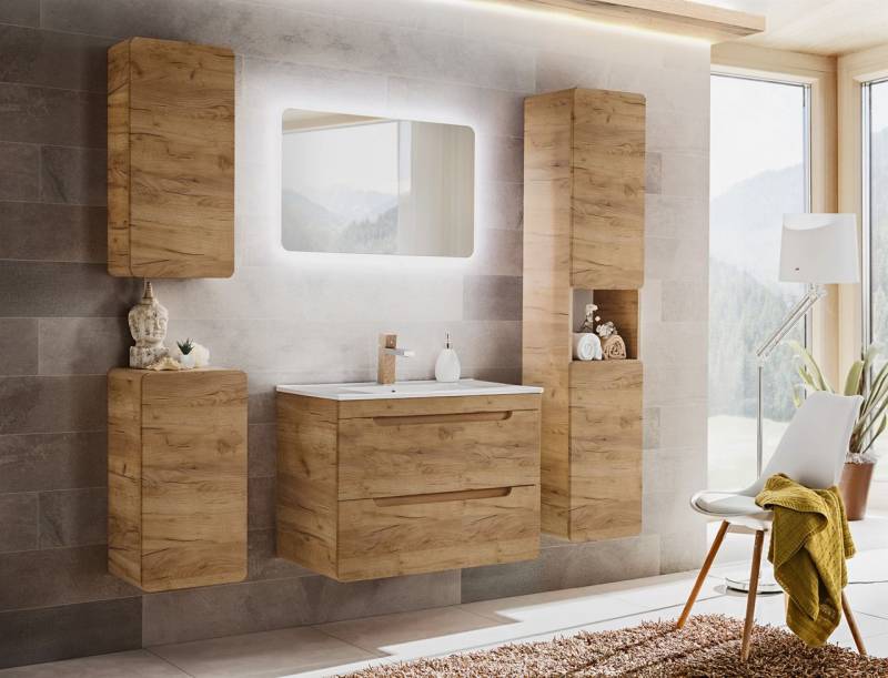 OUTLET Badmöbel Set 5-tlg Badezimmerset FERMO Gold Eiche inkl.Waschtisch 60cm von Fun Moebel