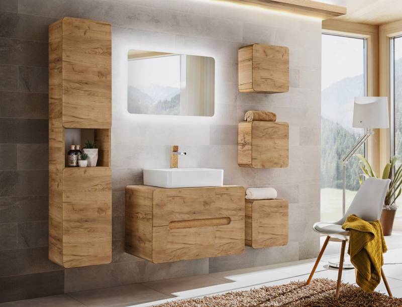 OUTLET Badmöbel Set 7-tlg Badezimmerset FERMO 60cm Gold Eiche inkl.Waschtisch von Fun Moebel