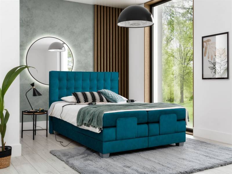 OUTLET Boxspringbett Elektrisch 200x200cm MAXIMA in Stoff Terra Türkisblau von Fun Moebel