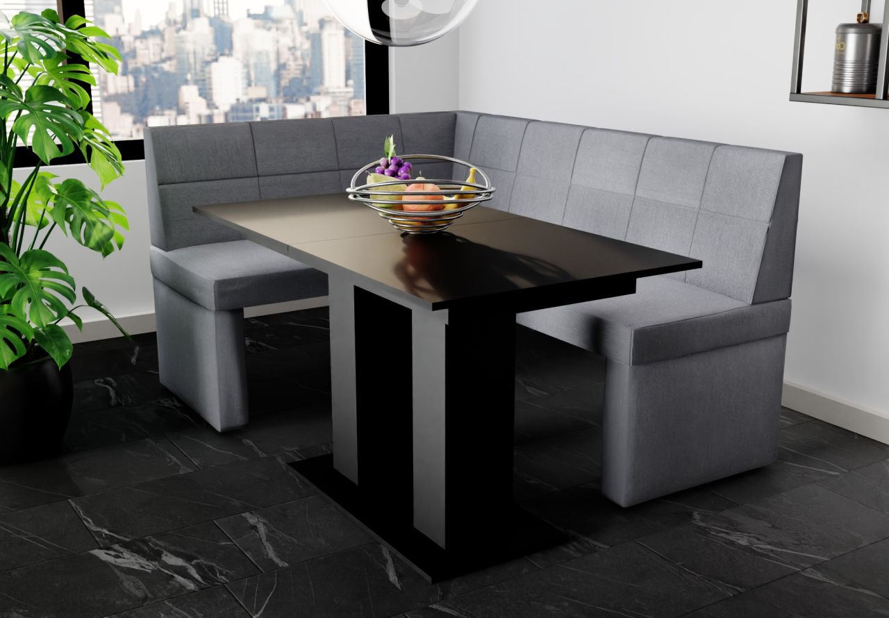 OUTLET Eckbankgruppe 168x128 cm BLAKE R Stoff Soro Grau / Esstisch DANTE Schwarz OUTLET Eckbankgruppe 168x128 cm BLAKE R Stoff Soro Grau / Esstisch DANTE Schwarz von Fun Möbel