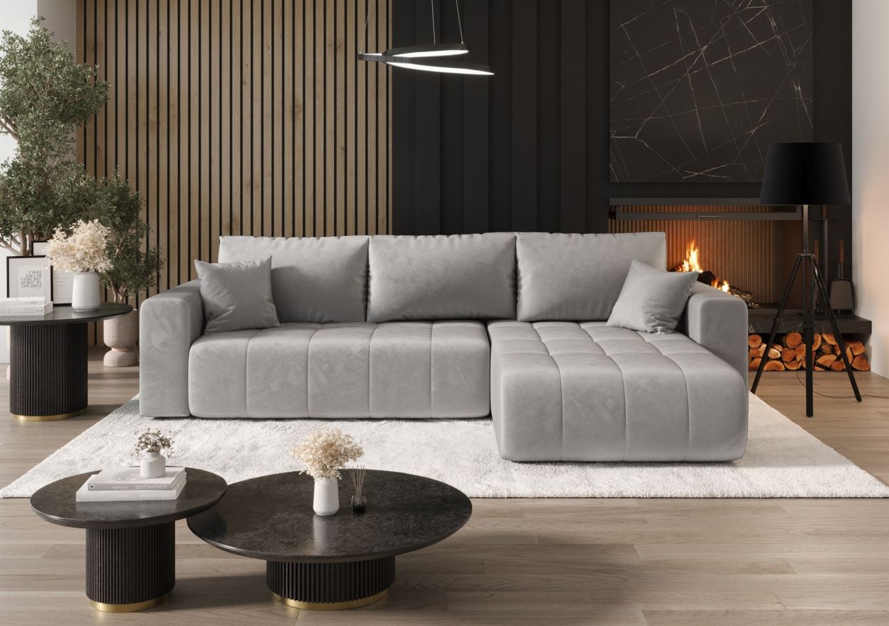 OUTLET Ecksofa Schlafsofa CAMILA Stoff Monolith Hellgrau Ottomane Rechts von Fun Möbel