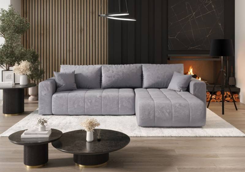 OUTLET Ecksofa Schlafsofa CAMILA Stoff Monolith Sky Ottomane Rechts von Fun Möbel