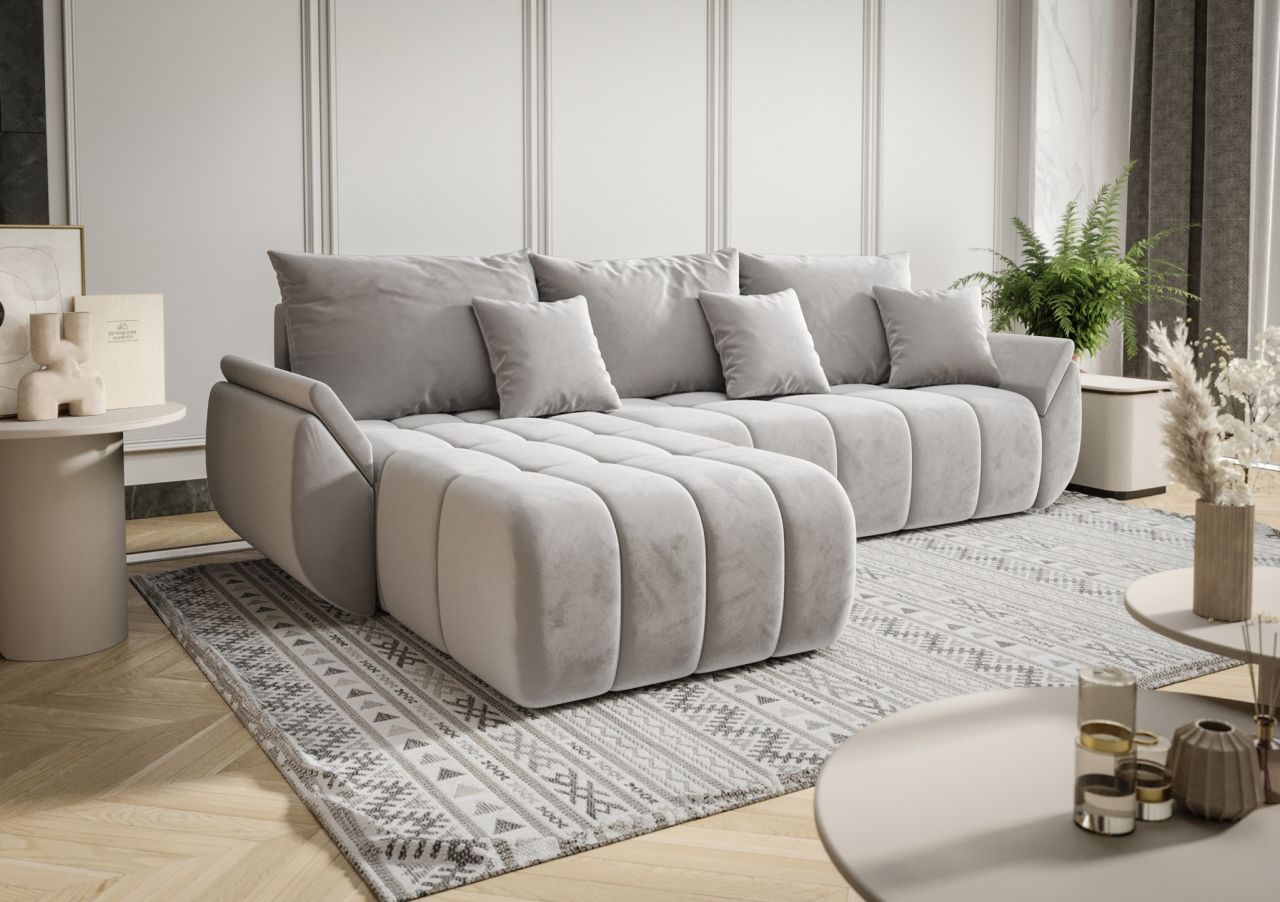 OUTLET Ecksofa Schlafsofa OSAKA Stoff Monolith Hellgrau Ottomane Links von Fun Möbel