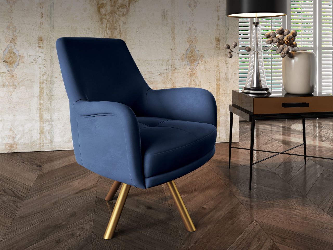 OUTLET Sessel Drehsessel VALERIE in Stoff Stoff Elisa Velvet Dunkelblau von Fun Möbel