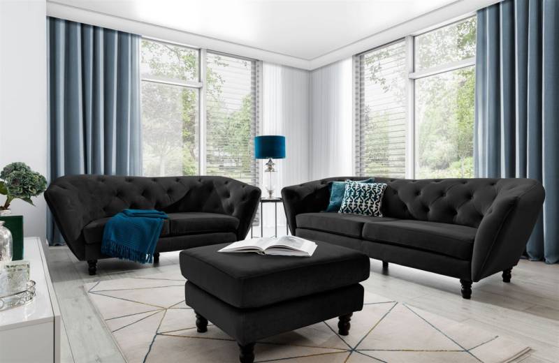 OUTLET Sofaset Designersofas CHARLOTTE 3-2-1 in Stoff Matt Velvet Schwarz von Fun Moebel