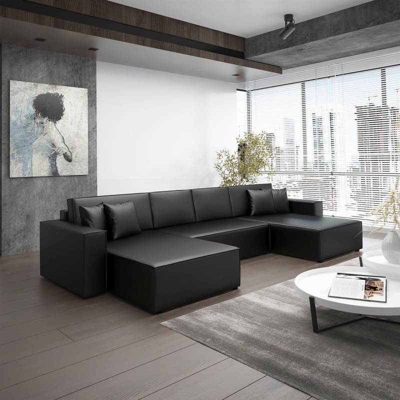 OUTLET Wohnlandschaft Schlafsofa Sofa CONOR Kunstleder Schwarz von Fun Moebel
