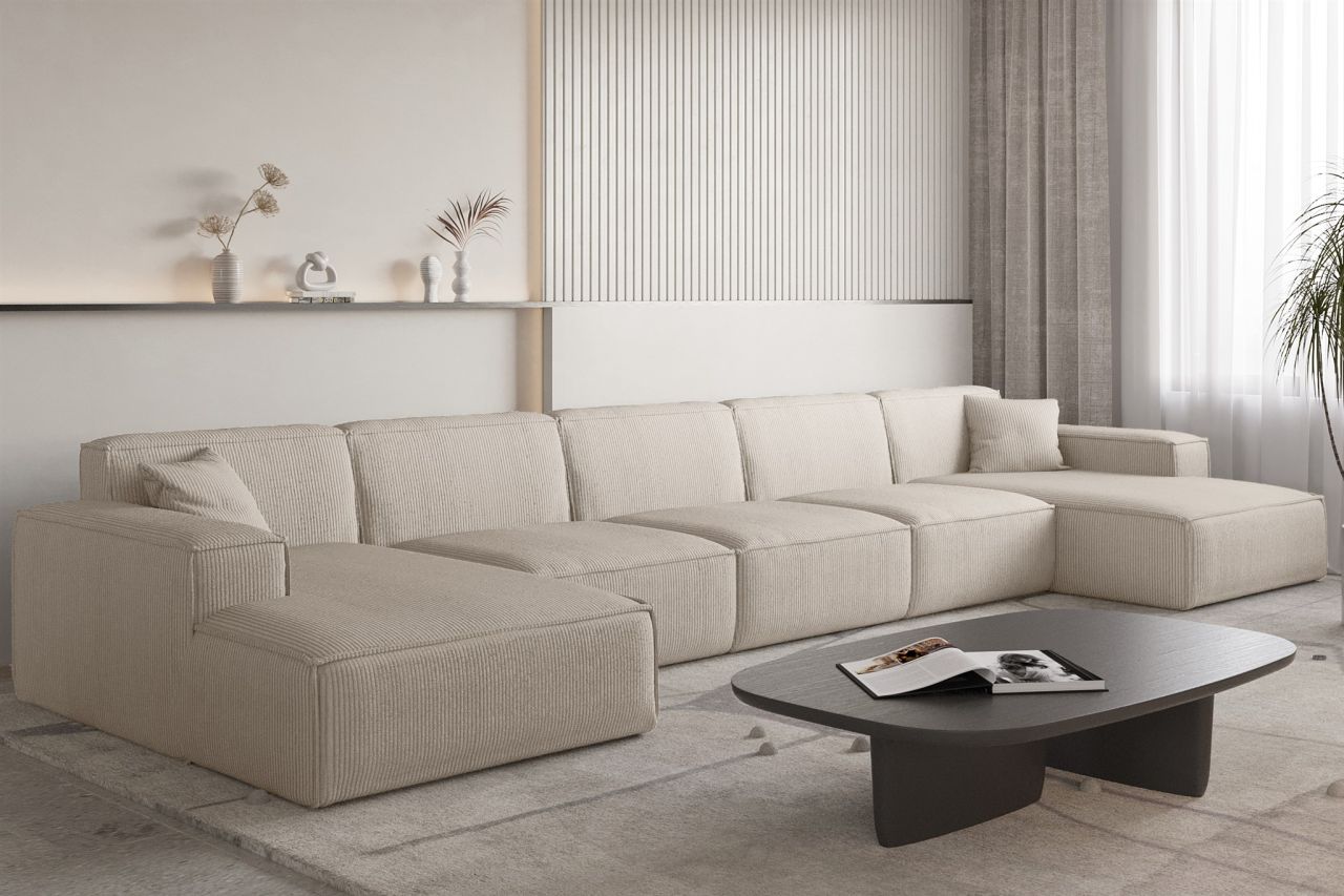 OUTLET Wohnlandschaft Sofa U-Form CELES PREMIUM XL in Stoff Scala Hellbeige von Fun Möbel
