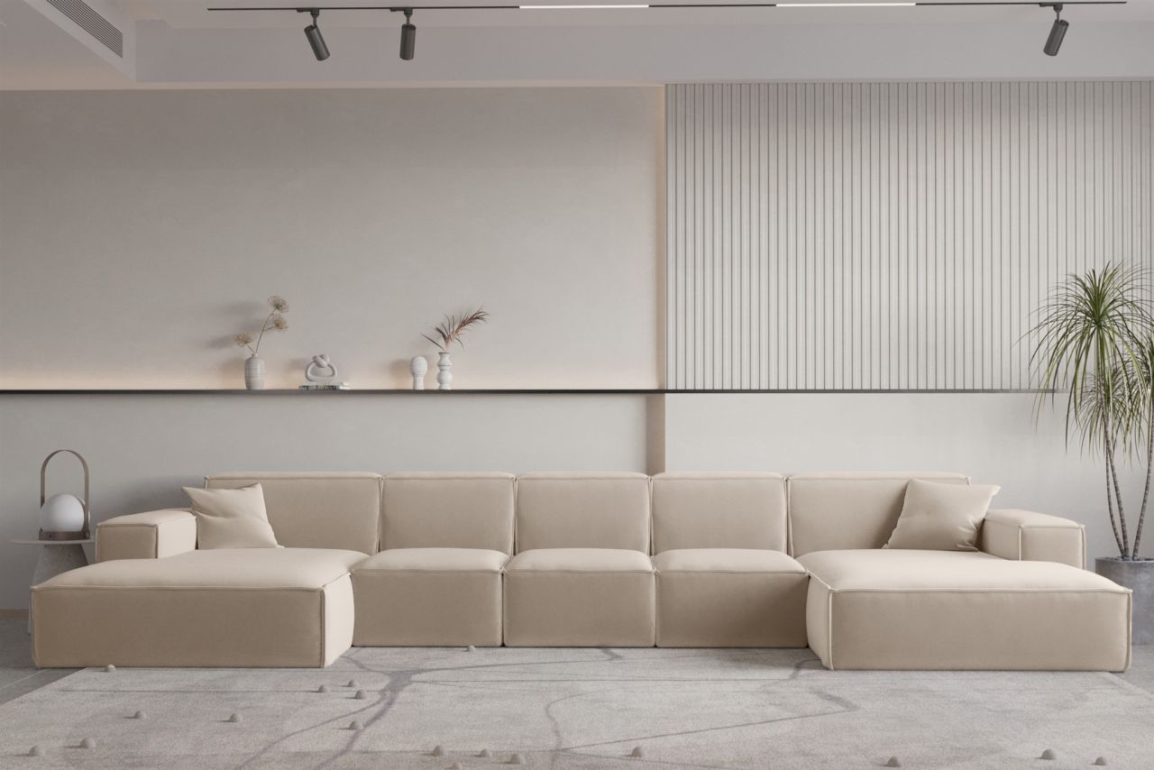 OUTLET Wohnlandschaft U-Form CELES PREMIUM XL in Stoff Opera Velvet Sand von Fun Moebel