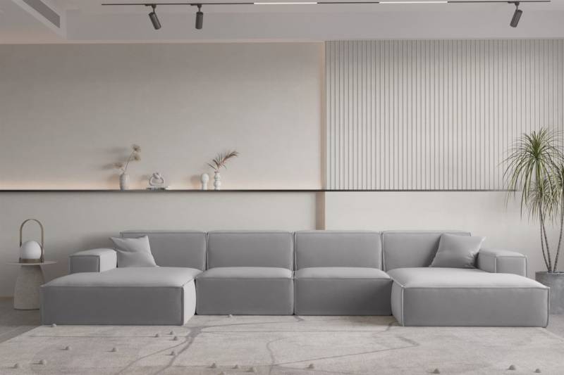 OUTLET Wohnlandschaft U-Form CELES PREMIUM in Stoff Opera Velvet Hellgrau von Fun Moebel