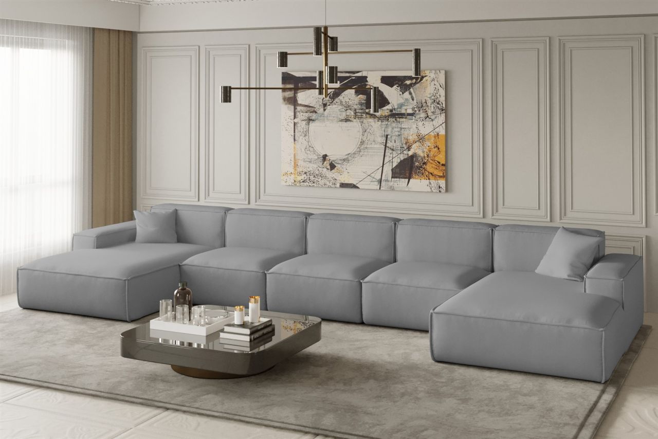 OUTLET Wohnlandschaft U-Form CELES XL in Stoff Opera Velvet Hellgrau von Fun Moebel